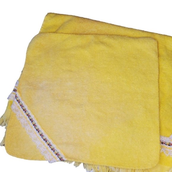 Vintage Cannon Sunshine Yellow Lace Floral Ruffle Hand Towel Washcloth‎ Set USA - Picture 4 of 8
